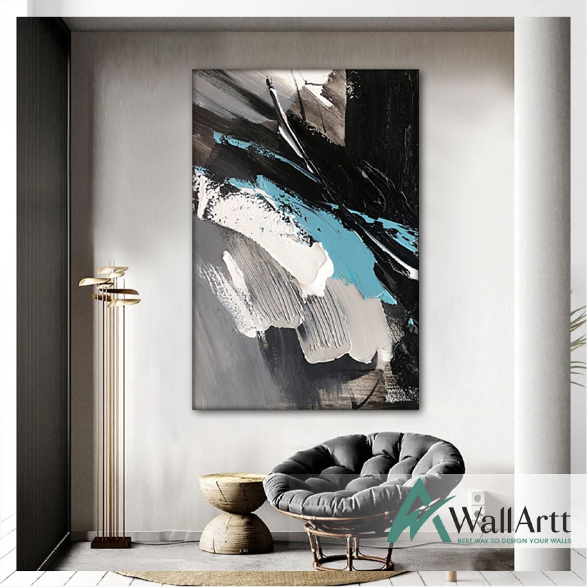 Abstract Black Blue 3D Heavy Textured Partial Oil Painting
